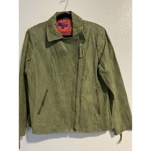 Stylish Twiggy of London Genuine Suede Leather Jacket Moto Green Color Size XL